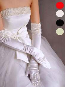 1双女式超长肘上双排仿珍珠塔夫绸缎面新娘婚礼手套秋季配饰 - 彩色 - 查看 6