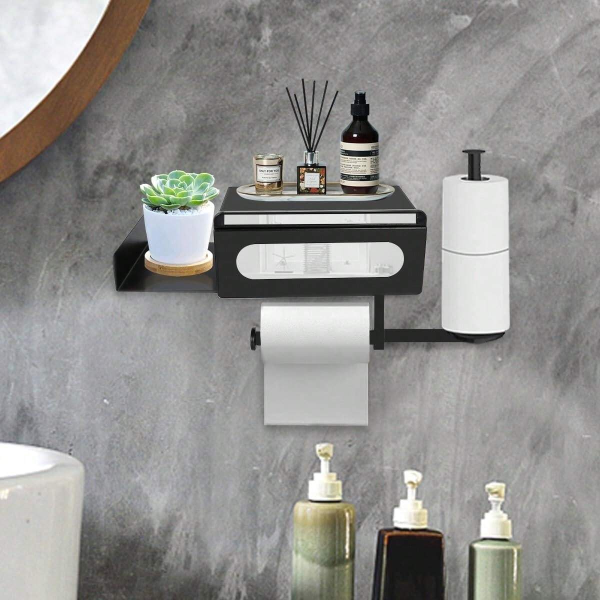 Universal Toilet Paper Stand With Storage Shelf, Black Stainless Steel