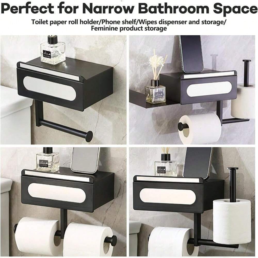 Universal Toilet Paper Stand With Storage Shelf, Black Stainless Steel