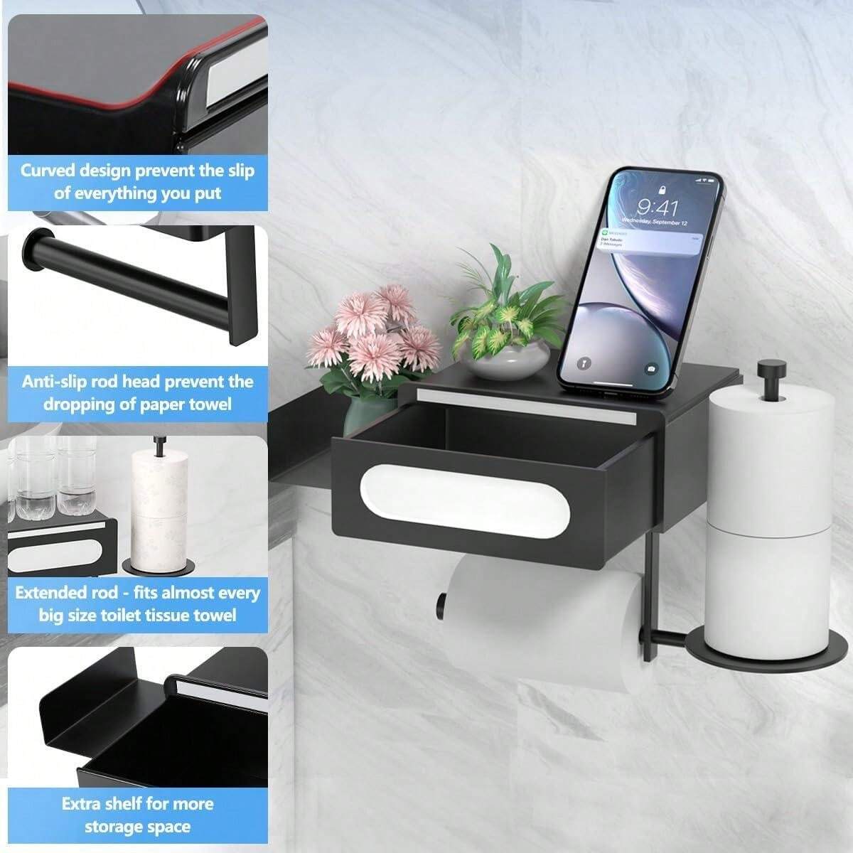 Universal Toilet Paper Stand With Storage Shelf, Black Stainless Steel
