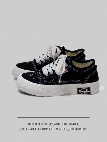 Women's Fashion Versatile Spring/Summer Outdoor Black Light Lace-Up Round Toe Canvas Flat Non-Slip Casual Sneakers For Running