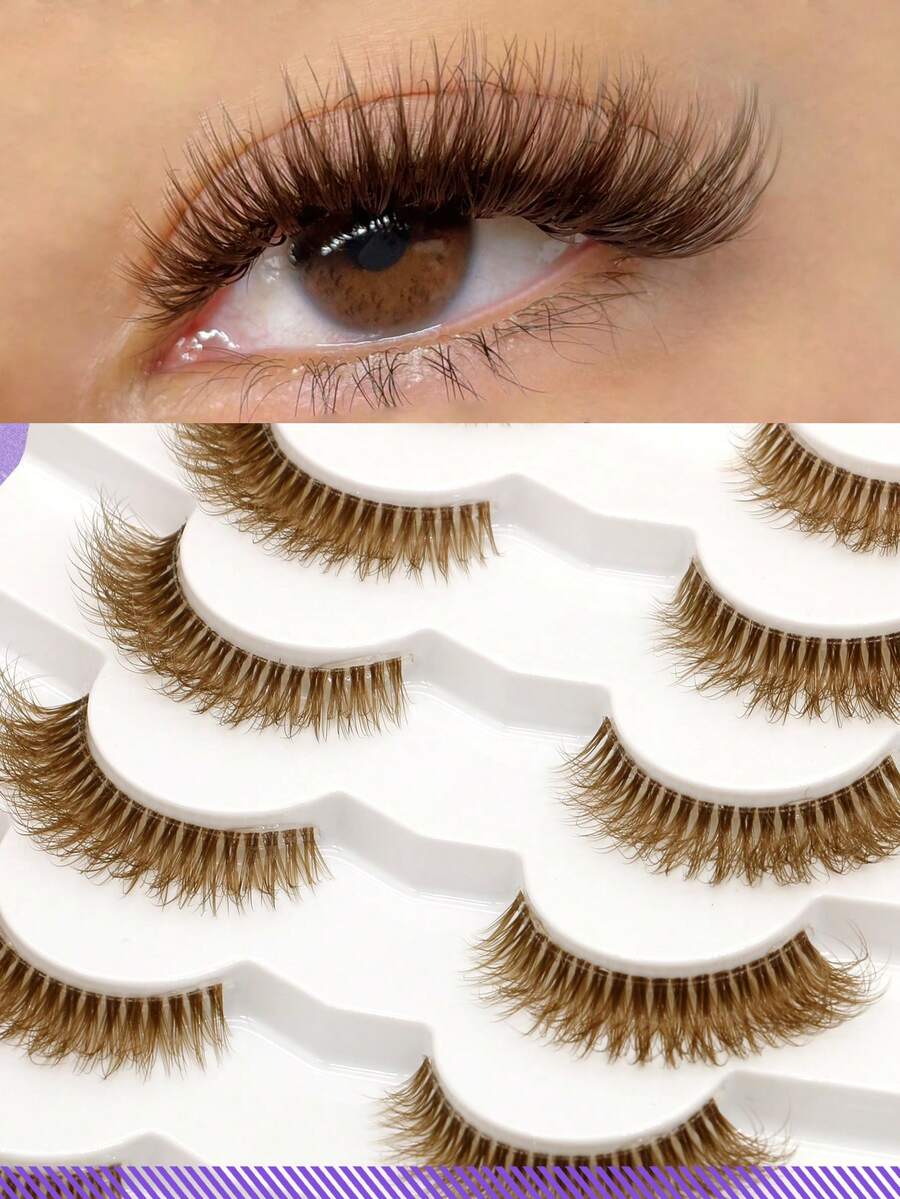 GROINNEYA 7 Pairs Brown Eyelashes Cat Eye Lashes Faux Mink Eyelashes Clear Stem False Eyelashes Natural Look Fluffy Lashes Makeup Tools(BN13) - 棕色 - 查看 1