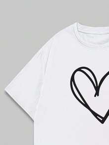 Basic Heart Print T-Shirt Unisex Blouse Men's Cotton Shirt - 黑色 - 查看 5