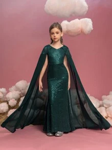 少女V領雪紡披肩袖亮片正式洋裝 - 墨綠色 - 查看 6