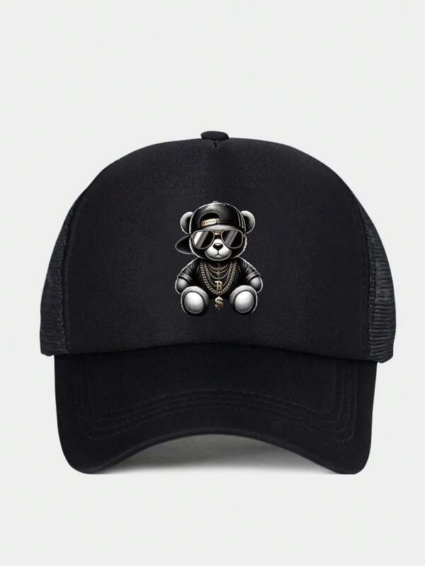 Men Bear Print Trucker Hat For Daily Life And Outdoor
