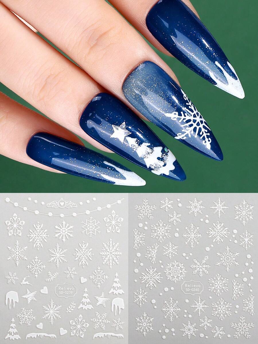 Beauty Sticker 2 件 5D 浮雕美甲贴纸，圣诞雪花圣诞树自粘白色指甲贴花，女士节日美甲装饰 - 白色 - 查看 1