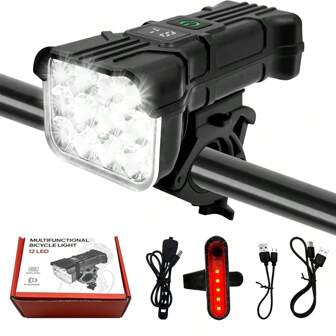 2pcs/Set High Brightness 12 LED Light Bicycle Headlight, USB Rechargeable ABS Material, Handlebar Mount, Digital Battery Display
