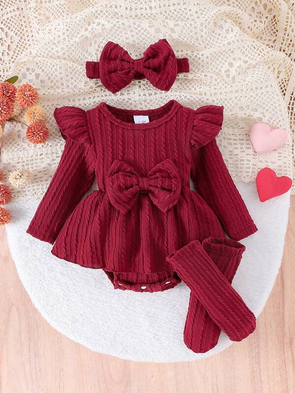 1set Baby Girls Solid Color Cable Knit Long Sleeve Romper + Headband + Socks, Lightweight Spring Autumn Outfit