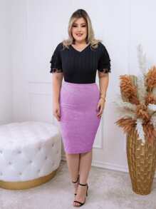 AVI Moda Crista AVI Christian Fashion - 3D Jacard Mesh - Amanda Executive Pencil Midi Secretary Skirt - Evangelical Christian Women's Fashion - 紫丁香色 - 查看 2