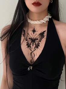 1 件女士蝴蝶和星星黑色临时纹身，蝴蝶图案，适合女性腿部、背部、腰部，防水、防汗、性感酷炫纹身贴纸，看起来非常真实，易于粘贴和去除，婚礼、音乐节、派对用品 - 黑色 - 查看 3
