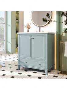 30" Bathroom Vanity ,With Sink Combo, Multi-Functional Bathroom Cabinet ,With Doors And Drawer, Solid Frame And MDF Board,Smooth Ceramic Sink,Multi-Functional Cabinet And Drawer,With Adjustable Shelf,Green.,Mmhorton