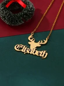 Customized Heart-Shaped Name Necklace With Reindeer, Christmas Tree, And Snowflake Design - Personalized Stainless Steel Jewelry For Women - Perfect Choice For Valentine's Day And Holiday Gifts