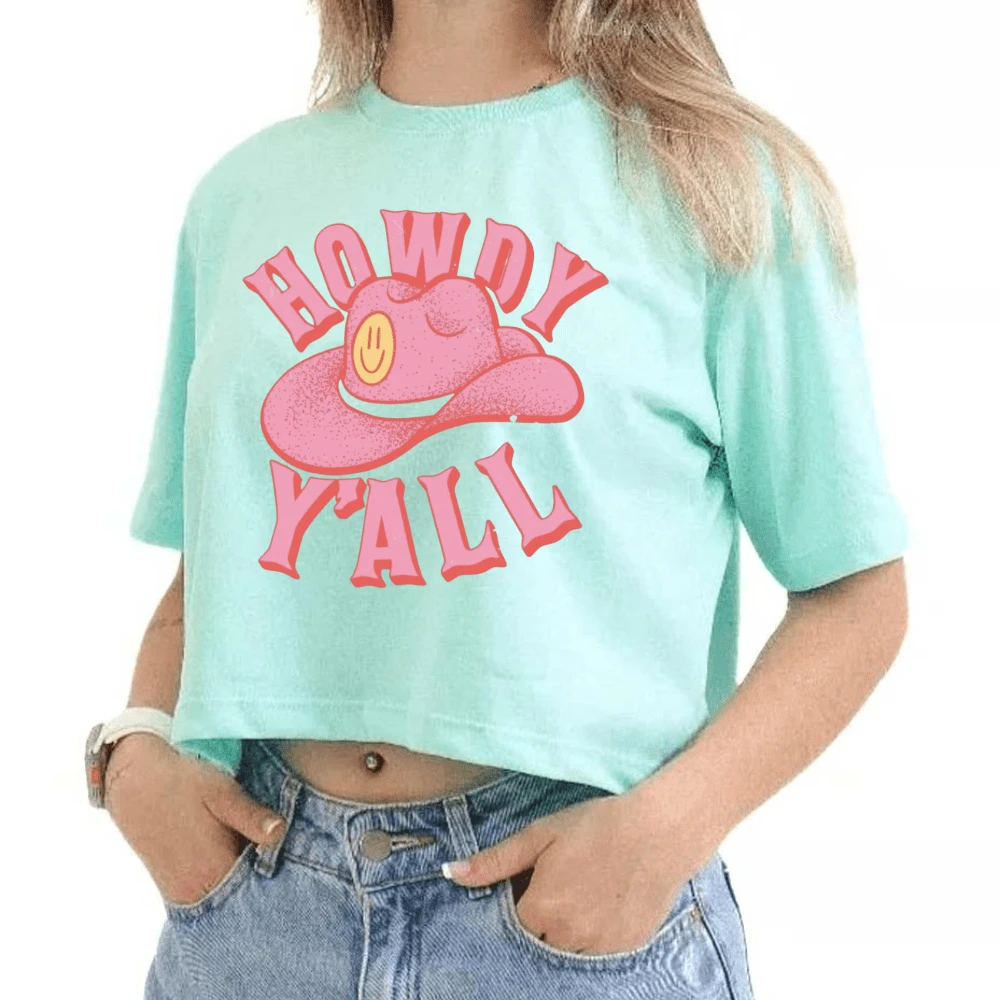 Cropped T-Shirt Women's Cotton T-Shirt Gym Workout Fashion Outing Howdy Y`All Cowgirls - 薄荷綠 - 查看 1