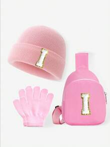 Set de 3 piezas para bebés y niños: Gorro con estampado de 26 letras, guantes y bolsa tipo monedero. Conjunto de ropa de invierno para niñas, apto para uso diario de niñas pequeñas en otoño e invierno. Accesorio de moda con monedero.