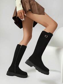 Women's Black Suede Skinny Fashion Boots, Casual Skinny Leather Boots, Western Cowboy Boots, Fashionable Casual Riding Boots - Black - View 6