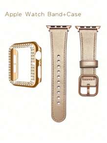 2pcs Compatible With Apple Watch Bands + Protective Case Set, Rose Gold PC Hard Material Bezel Frame Without Screen Protector, Anti-Collision Anti-Scratch Watch Protective Case, Paired With Soft Comfortable Champagne Leather Band, Compatible With Ultra 3 2 1 S10 /SE/ S9/ S8/ S7/ S6/ S5/ S4/ S3/ S2/ S1, Essential Accessory For Men And Women For Summer Beach, Party, Mother's Day, Teacher's Day, Graduation Season - Champagne - View 3
