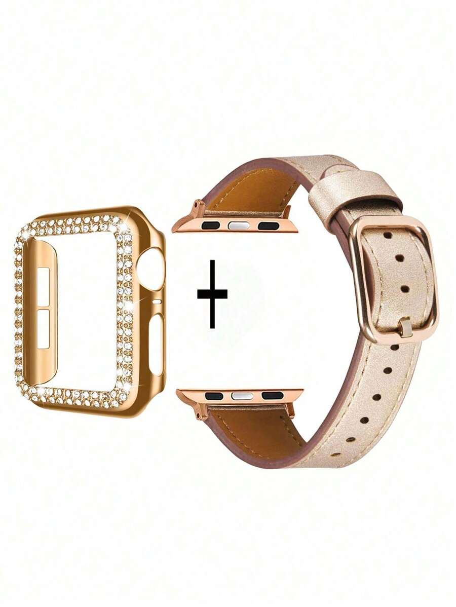 2pcs Compatible With Apple Watch Bands + Protective Case Set, Rose Gold PC Hard Material Bezel Frame Without Screen Protector, Anti-Collision Anti-Scratch Watch Protective Case, Paired With Soft Comfortable Champagne Leather Band, Compatible With Ultra 3 2 1 S10 /SE/ S9/ S8/ S7/ S6/ S5/ S4/ S3/ S2/ S1, Essential Accessory For Men And Women For Summer Beach, Party, Mother's Day, Teacher's Day, Graduation Season - Champagne - View 1