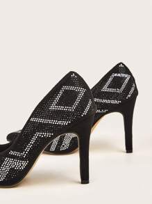 Scarpe eleganti da donna con tacco alto in velluto  nera con decorazioni casuali in cristallo, adatte per l uso quotidiano, feste, banchetti