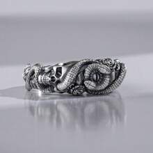 哥特式蛇眼骷髅结婚戒指，哥特式自然蛇形男士戒指，复古雕刻承诺戒指，男士独特丈夫珠宝