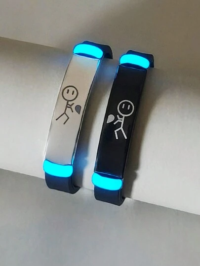 ATLVXJL 2pcs/Set Couple Bracelet Show Love By Pushing A Heart Know You Love You Pattern Black Silvery Stainless Steel Jewelry Set Charm Silicone Bracelet Luminous Glow In The Dark For Women Valentine's Day Gift Or Loved Ones Holiday Gifts