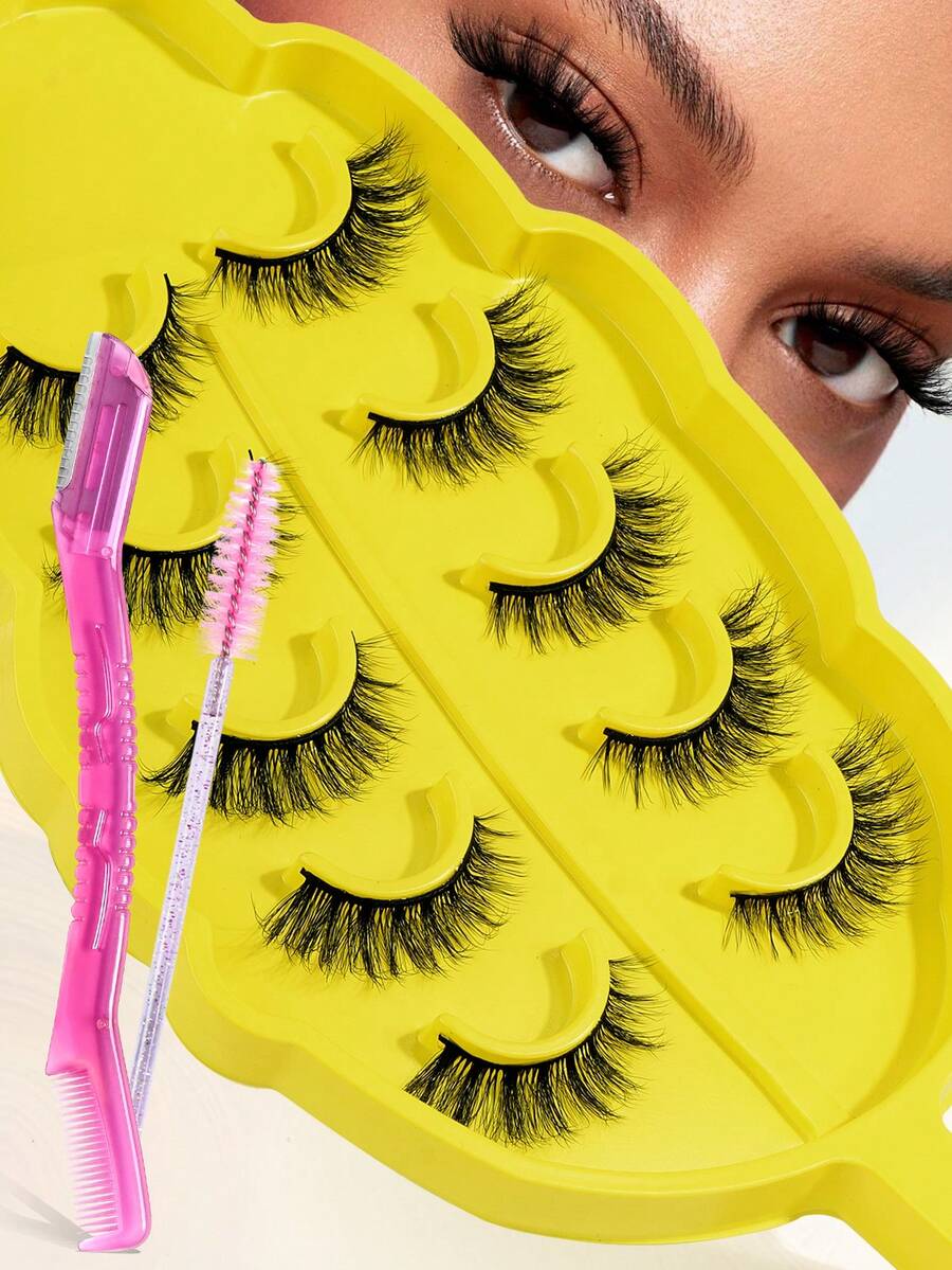 MAGEFY 5pairs/Set 3D Faux Mink Hair Fluffy False Eyelashes With Leaf-Shaped Tray+Double Ended Eyebrow Grooming Tool+Eyebrow Brush,Natural Looking, 3D Natural Spiky Manga Lashes Fluffy Wispy Soft Lashes Fake Eyelashes False Eyelashes Strip,Natural Soft Eyelash Criss Cross Wispy Fluffy Lashes,Naturally Slender, Curled And Enlarged Eyes,For Women To Use Travel, Party For Parties Travel School Daily Work Etc - 交叉款 - 查看 1