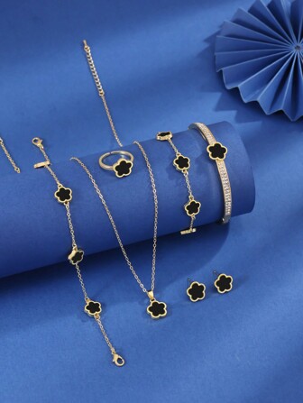 7 Unids/set Elegante Conjunto De Joyería De Circonio Cúbico De Flor De Cinco Pétalos Para Mujer, Estilo Lujoso Y Simple, Adecuado Para Compromisos, Regalos De San Valentín Y Cumpleaños