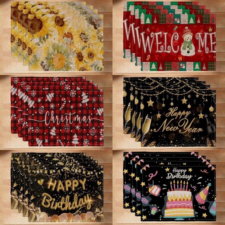4 miếng lót đĩa hình hoa hướng dương, giáng sinh, chào mừng, người tuyết, bông tuyết, năm mới vui vẻ, bánh sinh nhật vui vẻ, miếng lót bàn bếp bằng vải lanh, đồ dùng nhà bếp, đồ trang trí tiệc và nhà hàng - Nhiều màu - Xem 1