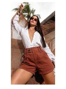 Women's High Waist Mom Twill Shorts With Waistband Detail - 鏽棕色 - 查看 3