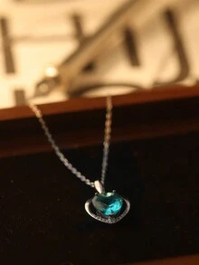 1 件 925 纯银镀铂金锆石“永恒之心”吊坠项链，时尚奢华风格锁骨链，适合女性日常、约会、度假穿着 - 藍色 - 查看 5