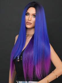 7JHH WIGS Ombre Blue Purple Wig For Women Extra Long Straight Wig Middle Part Synthetic Heat Resistant Hair Costume Halloween Wigs For Daily Party Use 32 Inch - 漸層紫 - 查看 2