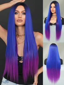 7JHH WIGS Ombre Blue Purple Wig For Women Extra Long Straight Wig Middle Part Synthetic Heat Resistant Hair Costume Halloween Wigs For Daily Party Use 32 Inch - 漸層紫 - 查看 4