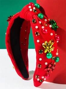 1pc Women Christmas Red & Green Pearl Decor Headband, Fashionable Minimalist Style Pearl Hair Accessories Hair Hoop