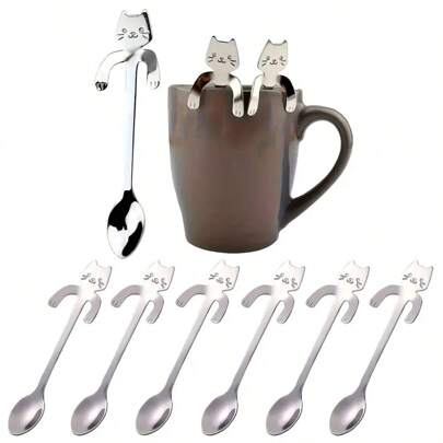 1/2/6pcs Cute Cat Stainless Steel Coffee Spoon, Dessert Spoon, Tea/Coffee/Sugar Stirring Spoon, Kitchen Utensil (Silver) Back To School