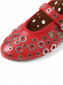 Ballet Flats For Women Mesh Metallic Eyelet Mary Jane Flats Perforated Buckle Strap Ballerina Flat Shoes - Red - View 6