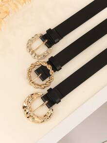 3 chiếc thắt lưng da PU họa tiết kim cương hình học thanh lịch dễ thương giản dị màu đen, thích hợp sử dụng hàng ngày - màu đen - Xem 3