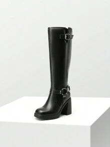 Women's Chunky Heel Platform Knee-High Boots Square Toe Side Zipper Adjustable Straps Buckle Decorated Motorcycle Riding Boots - 黑色 - 查看 6