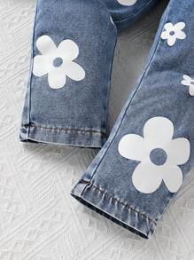 2pcs Girls Comfortable & Cute Mesh Ribbed Big Graphic T-Shirt And Front Bow Jumpsuit Jeans, Soft & Breathable, Fashionable & Versatile - Multicolor - View 7