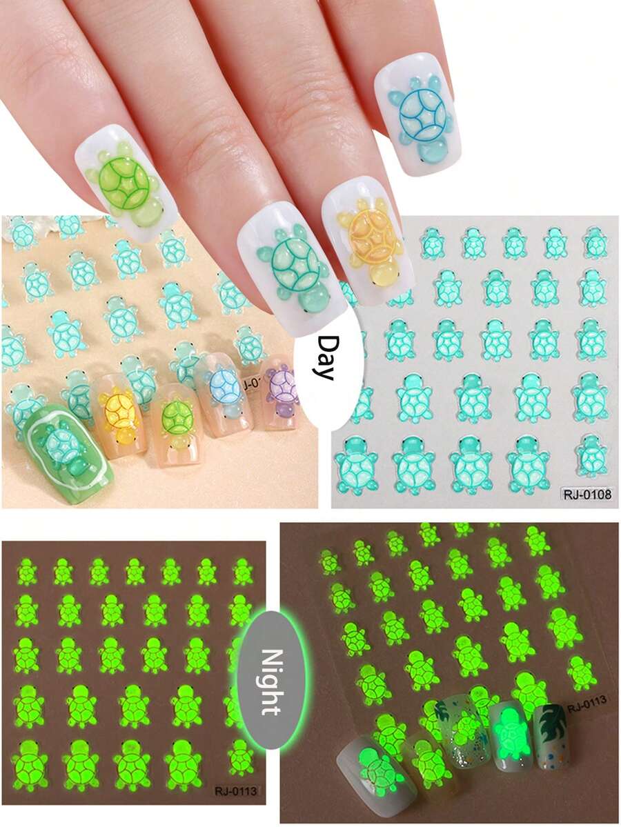 Miếng dán móng tay nổi 5D có đèn ngủ và keo mềm, miếng dán móng tay hình rùa hoạt hình 5D, đồ trang trí móng tay tự làm cho Giáng sinh, ngày lễ và các bữa tiệc.