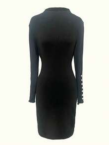 Solid Color Slim Fit Long Sleeve Casual Mini Dress, Autumn/Winter - Black - View 3