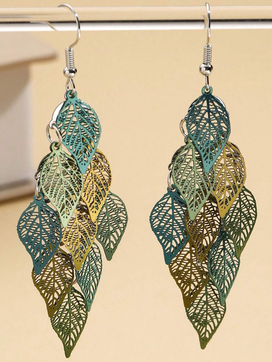 1 Cặp Bông tai tua rua hình lá rỗng phong cách thiên nhiên Hàn Quốc thời trang màu sắc ngẫu nhiên cho nữ - hỗn hợp xanh - Xem 1