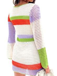 Vestido playero de manga larga con cuello alto y parches de color para mujer, protector solar, corte midi - Blanco - Ver 7