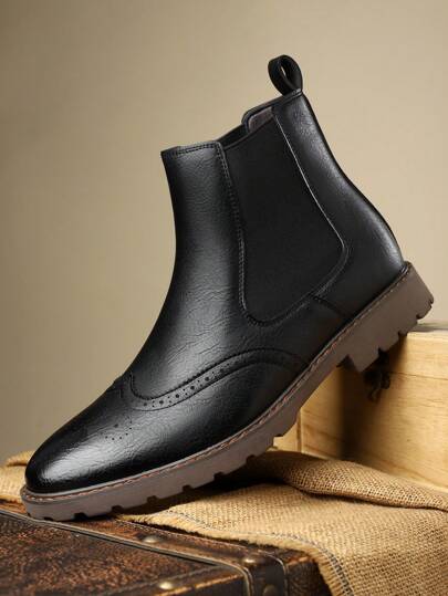 Botas Chelsea Masculinas para Outono Inverno, Botas com Zíper Lateral Estilo Britânico, Forro Térmico, Decoração Brogues Versátil Botas de Couro de Cano Alto