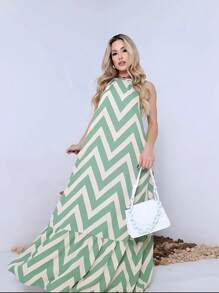 Long Zig Zag Striped Halter Dress. - Olive Green - View 1