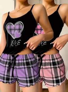 2 Sets Women's Lovely Plaid Heart & Letter Print Lettuce Frill Trim Casual Pajama Set Bow Front Round Neck Backless Cami Top & Shorts Comfortable Relaxed Sleepwear & Loungewear,Two Pieces Set