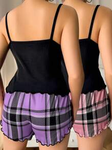 2 Sets Women's Lovely Plaid Heart & Letter Print Lettuce Frill Trim Casual Pajama Set Bow Front Round Neck Backless Cami Top & Shorts Comfortable Relaxed Sleepwear & Loungewear,Two Pieces Set