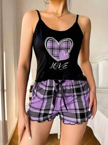 2 Sets Women's Lovely Plaid Heart & Letter Print Lettuce Frill Trim Casual Pajama Set Bow Front Round Neck Backless Cami Top & Shorts Comfortable Relaxed Sleepwear & Loungewear,Two Pieces Set
