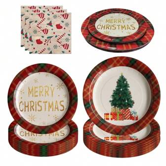 10/20pcs Christmas Tree Paper Plates Napkins, Plaid Cake Dessert Dinner Plates For Merry Christmas Party Holiday Birthday Supplies Tableware Set, Disposable Paper Dinnerware Decoration Food Trays, Serves 10/20 Guests ﻿