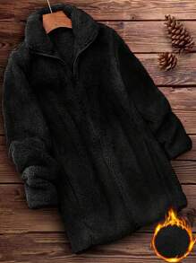 Jaqueta Casual Solta de Fleece com Zíper e Manga Longa, Cor Sólida, Plus Size, Outono e Inverno