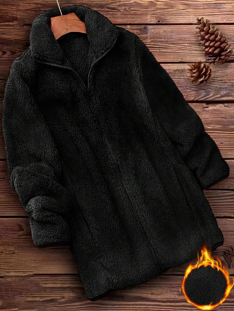 Jaqueta Casual Solta de Fleece com Zíper e Manga Longa, Cor Sólida, Plus Size, Outono e Inverno