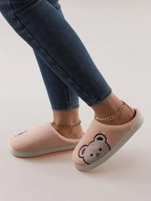 Dép xỏ ngón thêu hình gấu hoạt hình dễ thương cho nữ, giày đi trong nhà thoải mái cho mùa đông - Màu Hồng baby - Xem 3